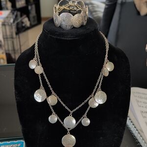 Layered Silver Disc Necklace - Sparkling Silver Tone